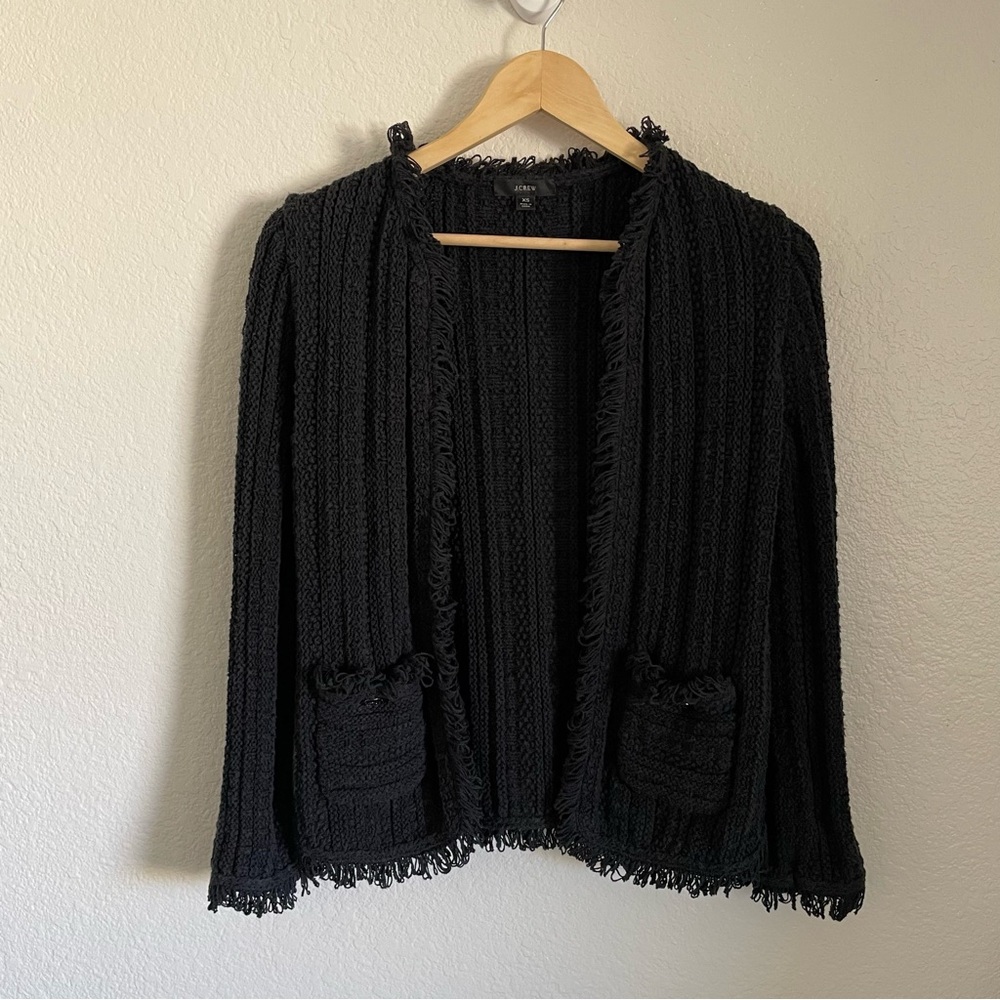 J Crew Fringe Sweater Jacket Cardigan Black / Dark Charcoal Grey AM746 Size XS